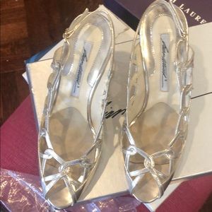 Brian Atwood silver leather open heels. Beautiful.